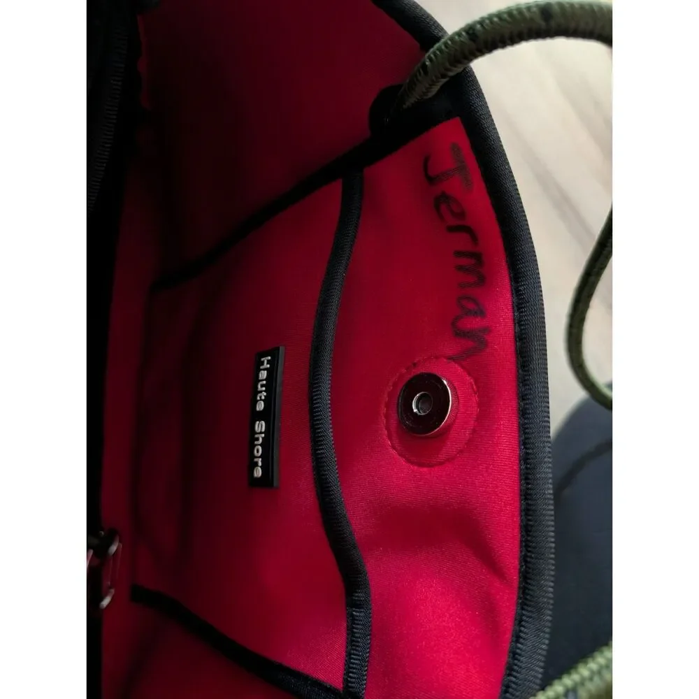 Haute Shore Greyson Soho Neoprene Tote Bag in Green Camo with Red Stripe (C4) - Picture 5 of 10